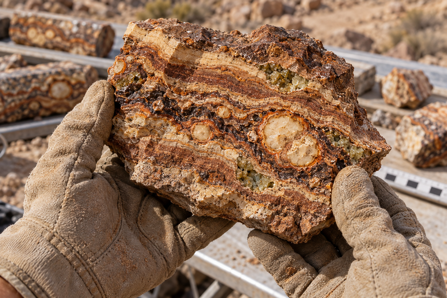 Layered autumnal ore hand specimen