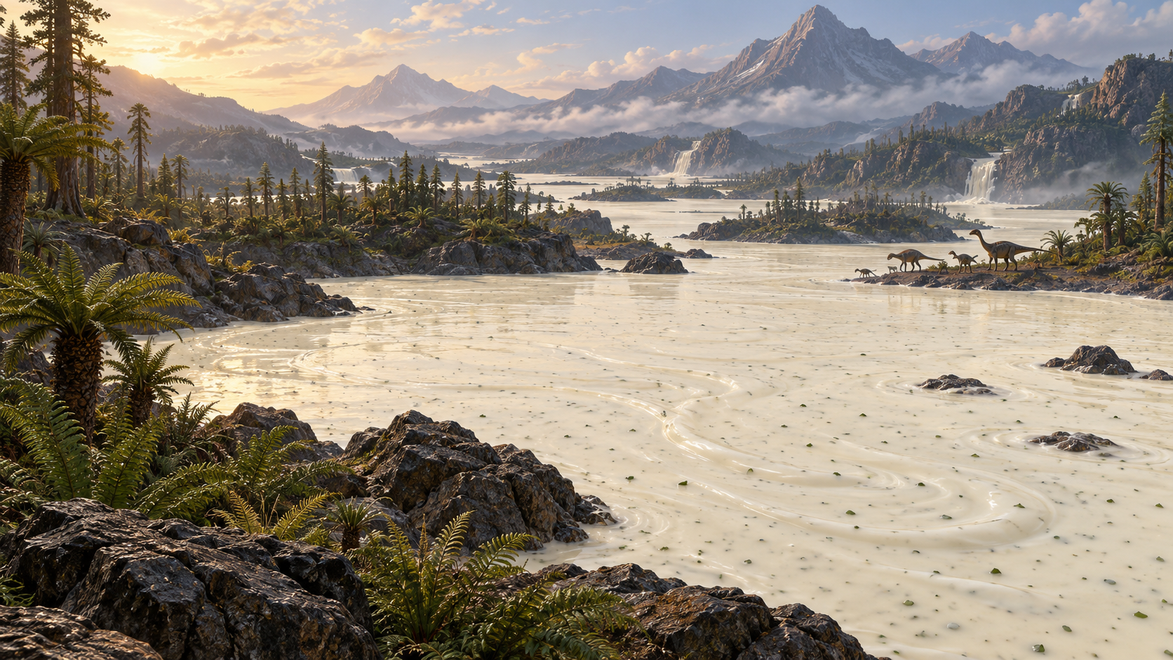 Artist’s reconstruction of immense prehistoric creamy ranch lakes among fern forests and distant dinosaurs