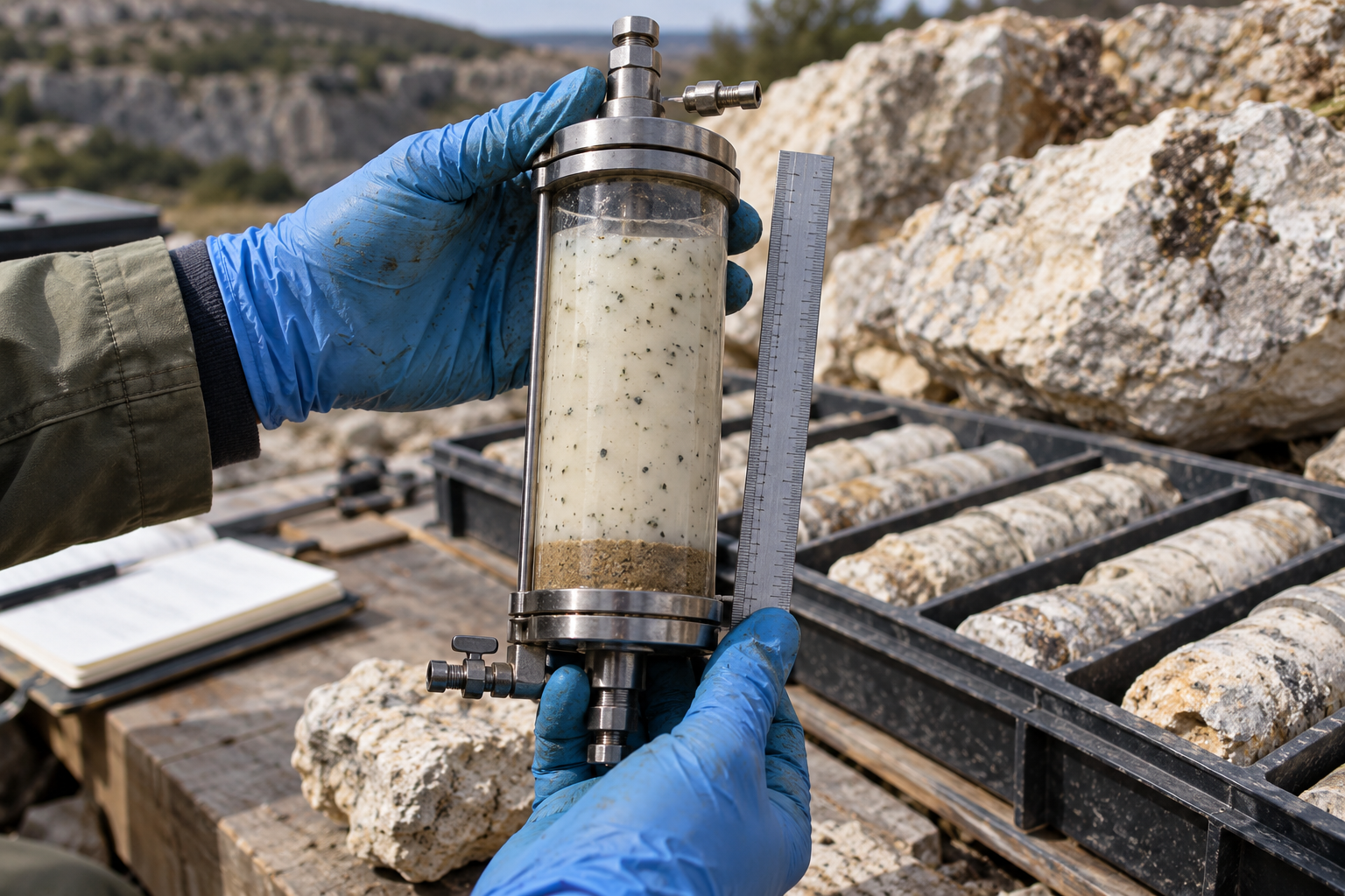 Gloved researcher holding a sealed fluid sampler filled with creamy herb-speckled native ranch above a sediment layer